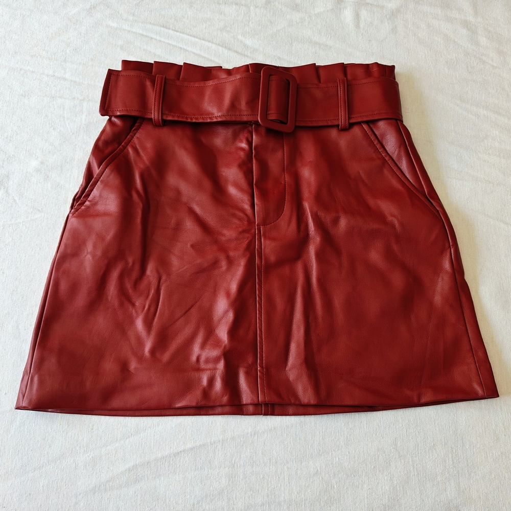 NWOT Zara Red Faux Leather Belted Mini Skirt